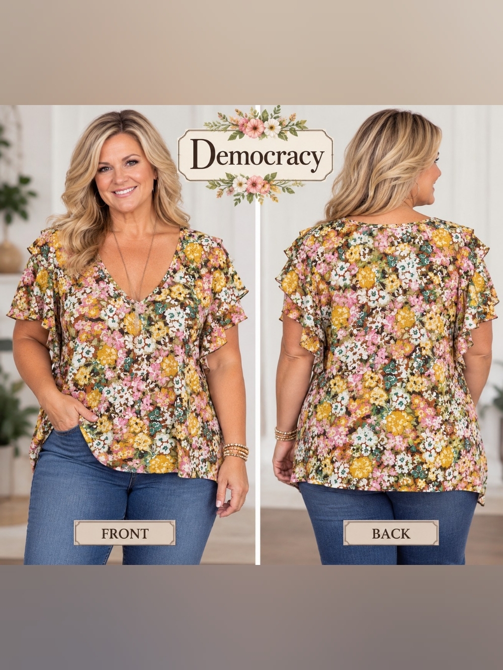 NWT Democracy Multicolored Floral Bell Shortsleeve Top Sz XL